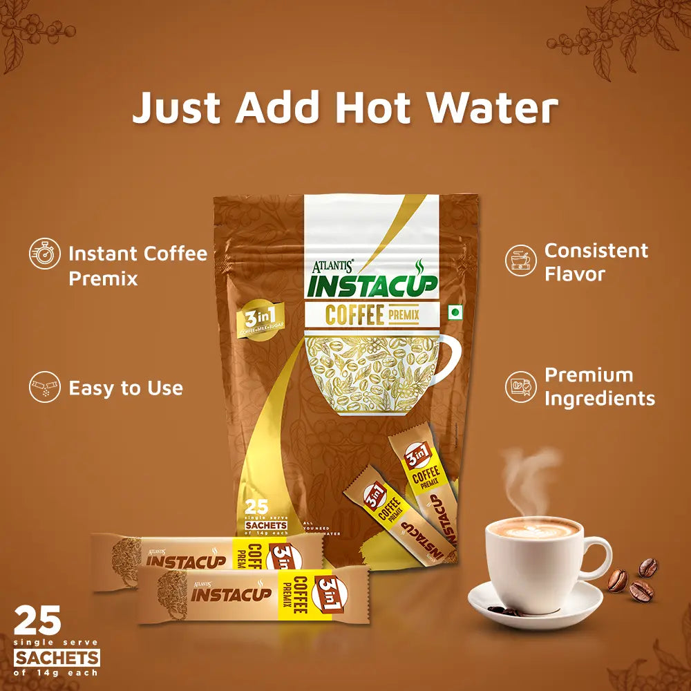 ATLANTIS INSTACUP 3-IN-1 Coffee Premix Single Serve Sachets Pack view 2