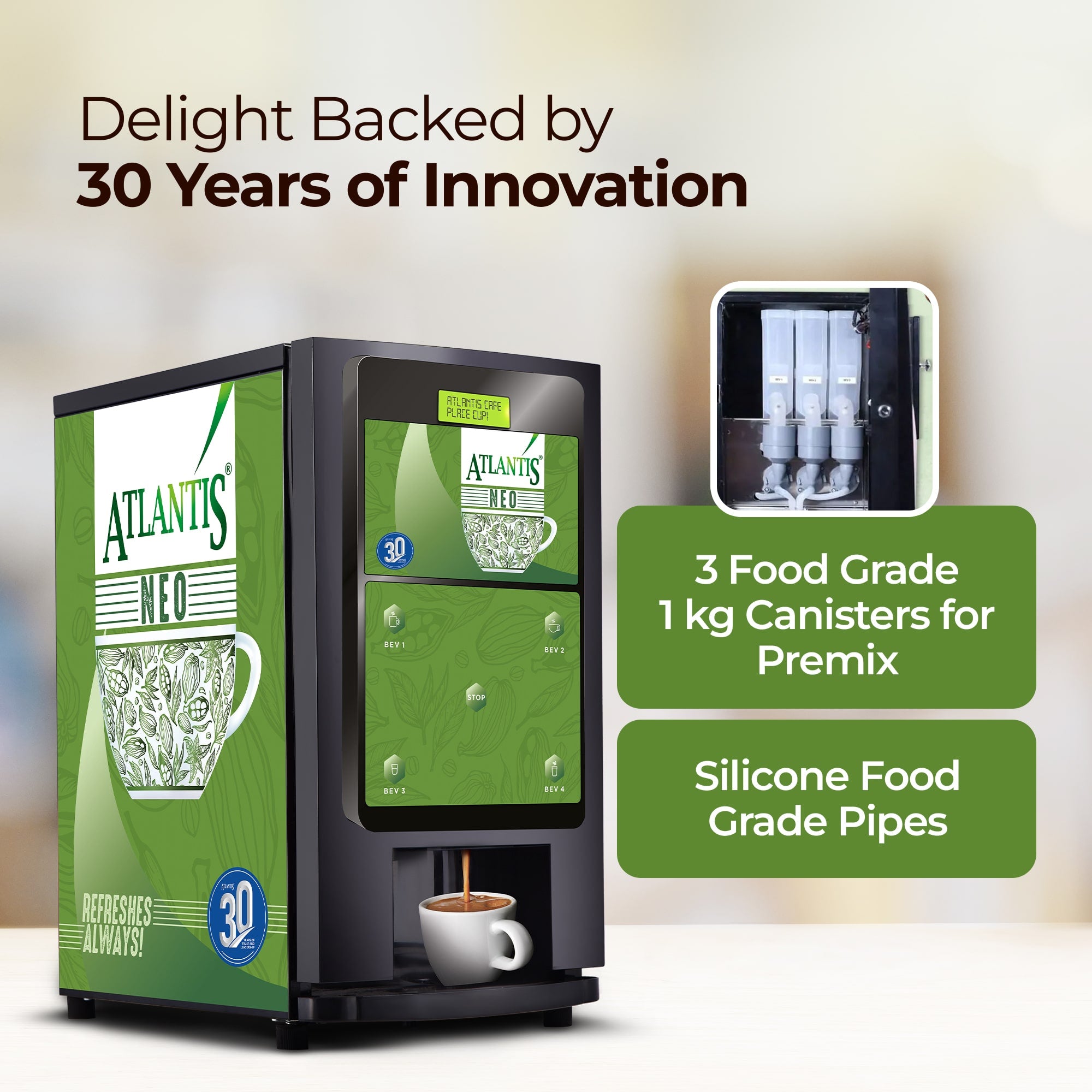 ATLANTIS NEO COIN OPERATED 3-Lane Tea and Coffee Vending Machine – Dedicated Hot Water view 6